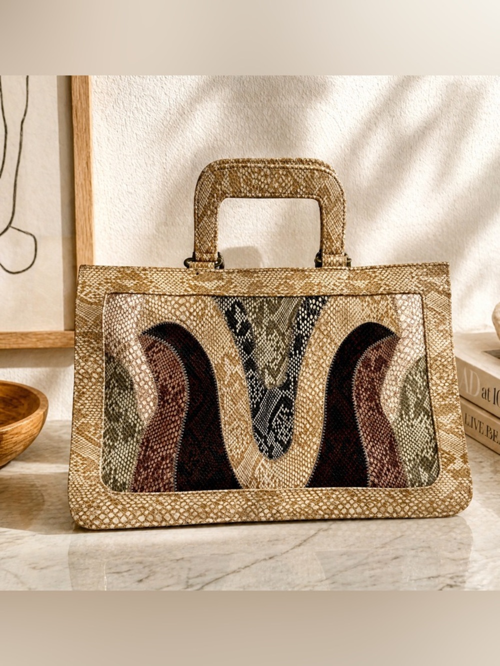 Vintage Snakeskin Structured Top Handle Bag Made in Korea Neutral Statement